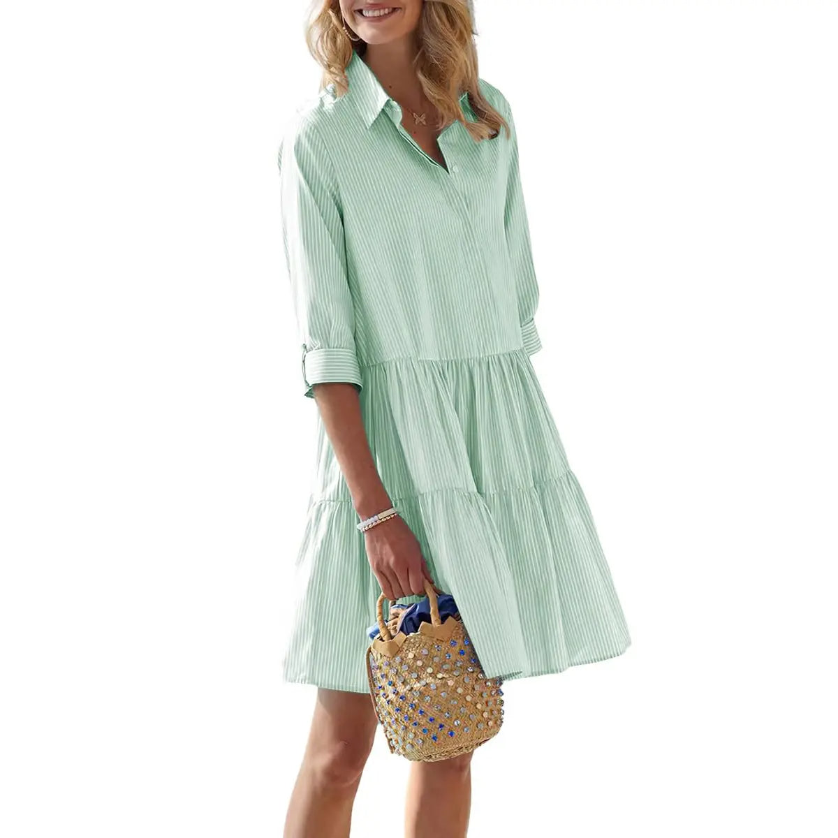 🔥Women's Striped Button Down Shirt Dress Cuffed Sleeve Tiered Dress Limited time sale 10th Anniversary Sale!