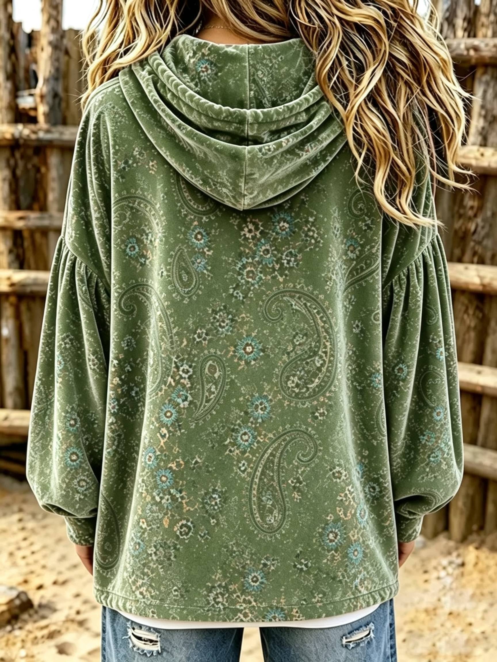 2026 Vintage Paisley Print Velvet Hoodie Top