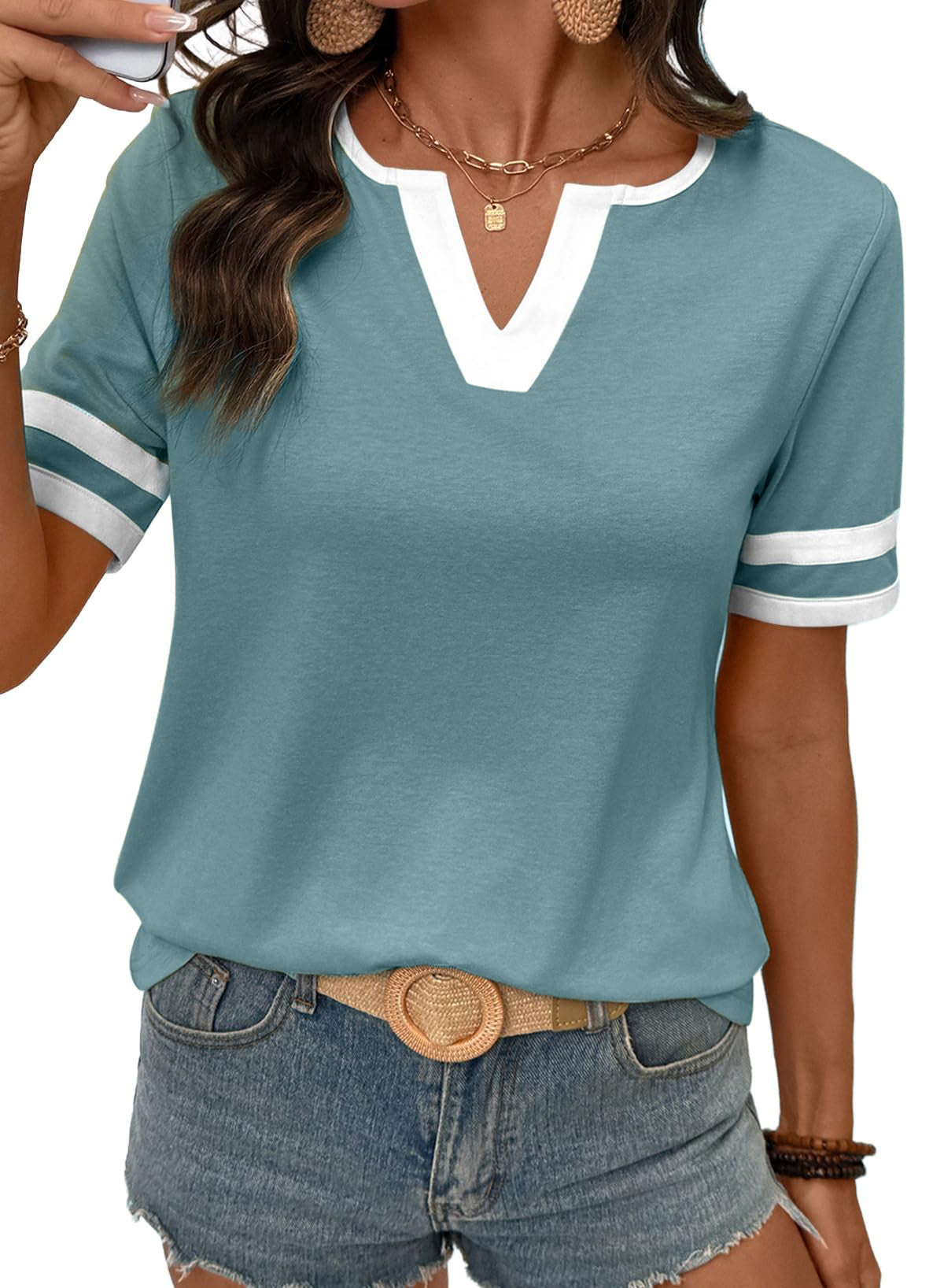 Last Day of 10th Anniversary Sale! 2026 Spring/Summer Women's Casual Colorblock V-Neck T-Shirt