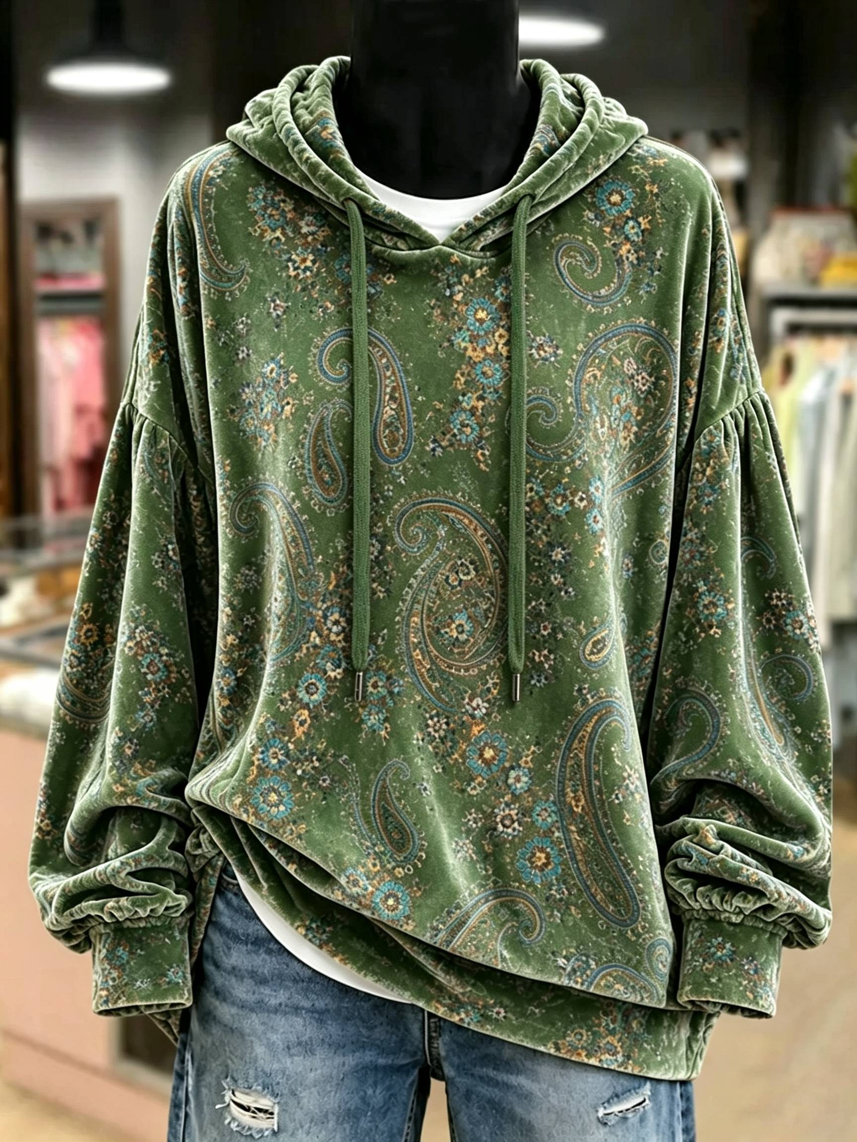2026 Vintage Paisley Print Velvet Hoodie Top