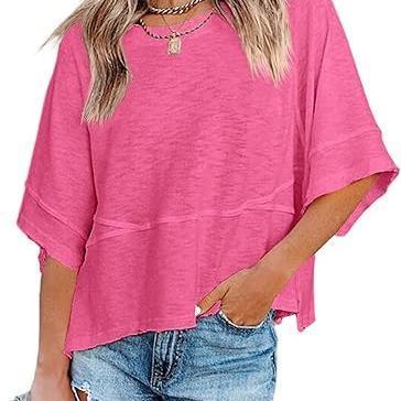 Last day to save ！Women's Summer Casual Crewneck Batwing Half Sleeve T-Shirts Solid Color Loose Fit Cute Basic Flowy Tops Tees Blouses