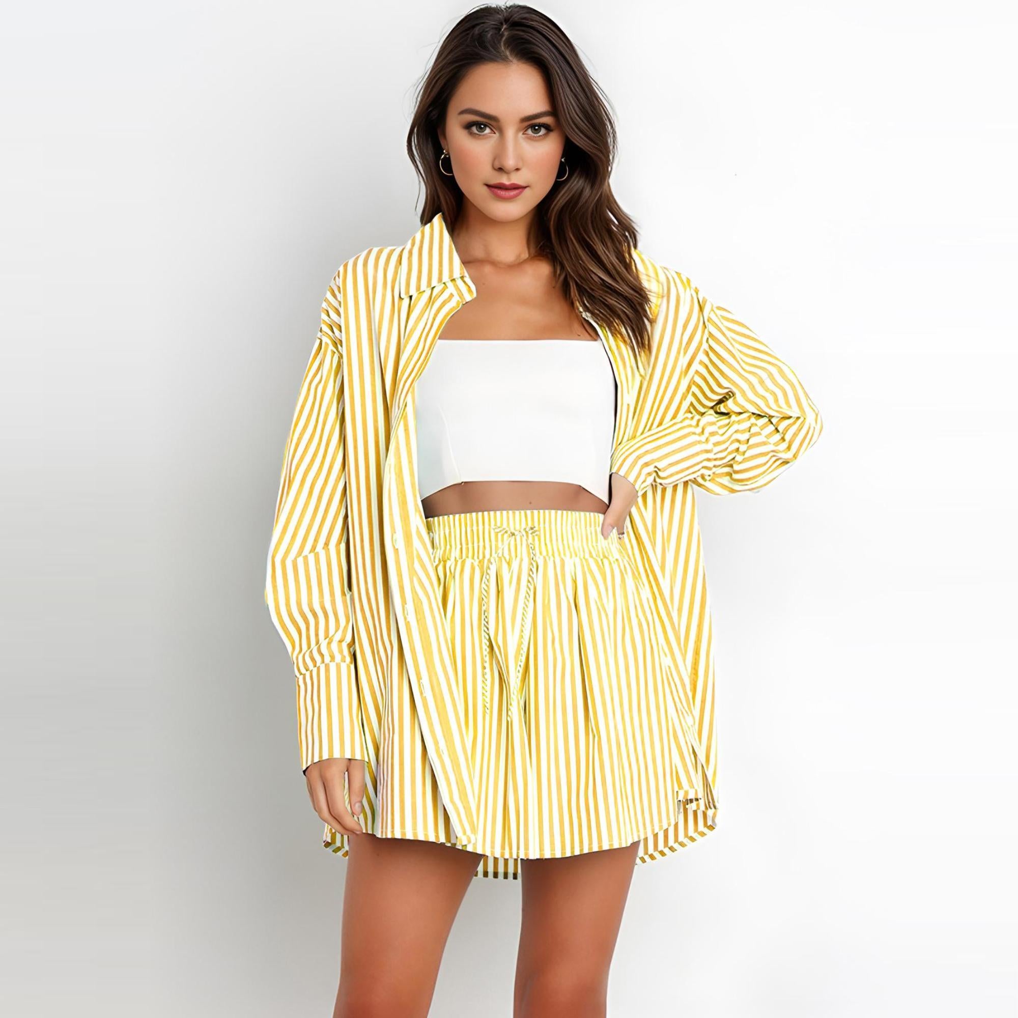 10th Anniversary Sale! HOT SALE Striped Dropped Shoulder Shirt and Shorts Set