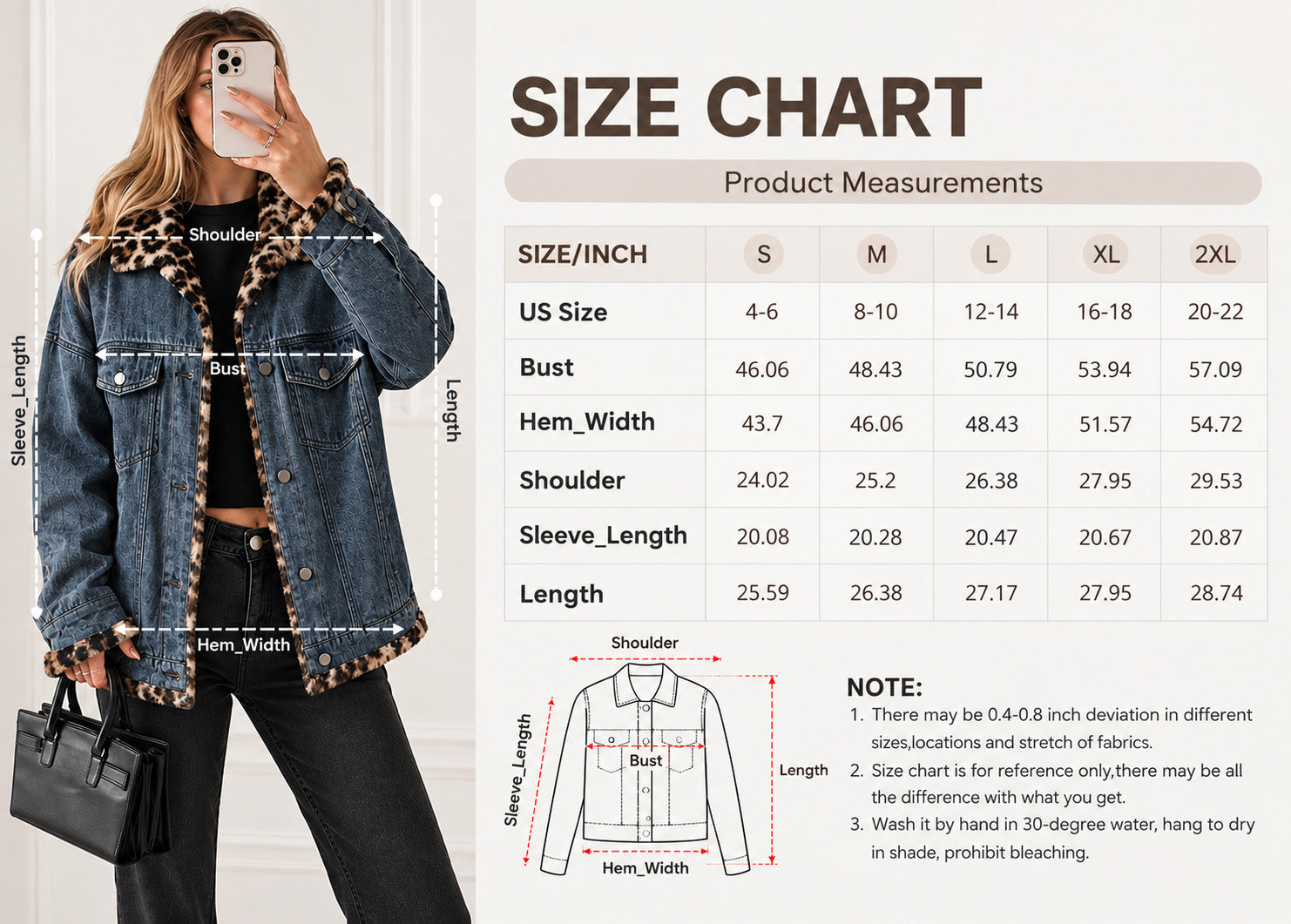 Size chart for reversible leopard lined denim jacket