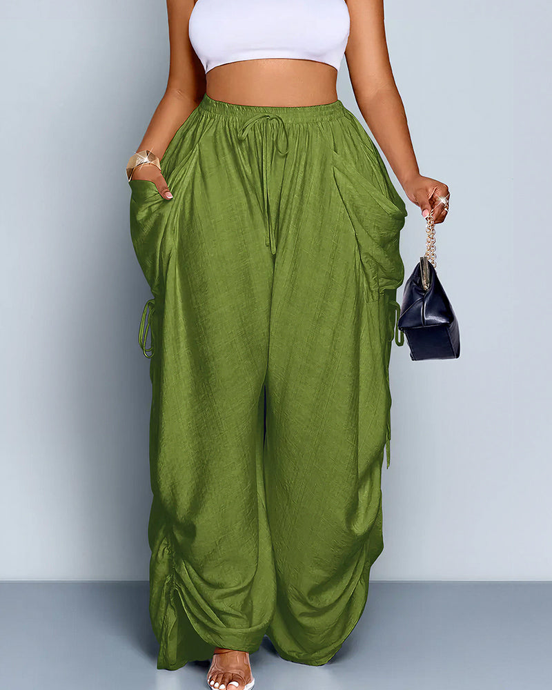 High Waisted Drawstring Wide Leg Linen Blend Casual Pants