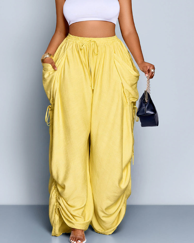 High Waisted Drawstring Wide Leg Linen Blend Casual Pants
