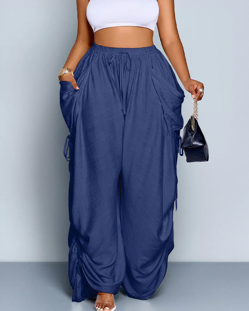 High Waisted Drawstring Wide Leg Linen Blend Casual Pants