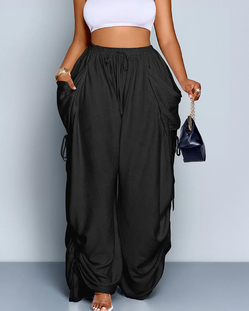 High Waisted Drawstring Wide Leg Linen Blend Casual Pants