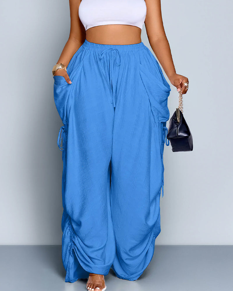High Waisted Drawstring Wide Leg Linen Blend Casual Pants