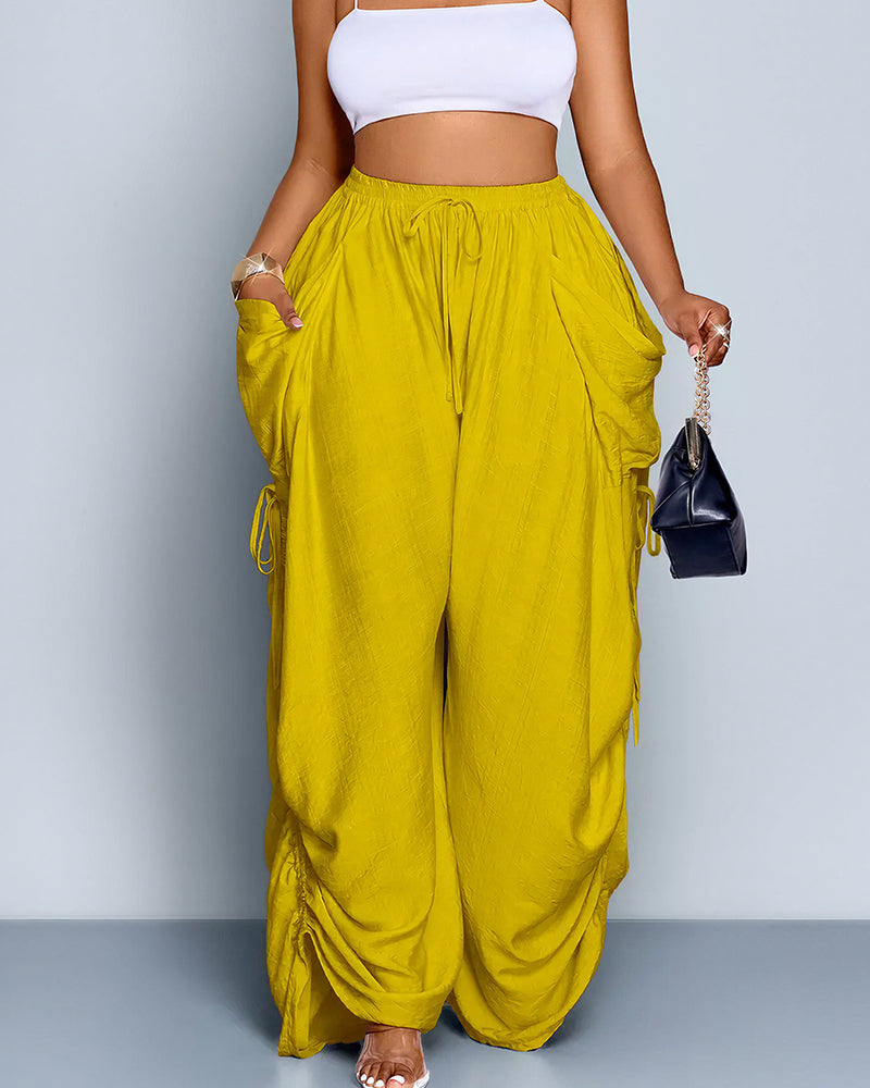 High Waisted Drawstring Wide Leg Linen Blend Casual Pants