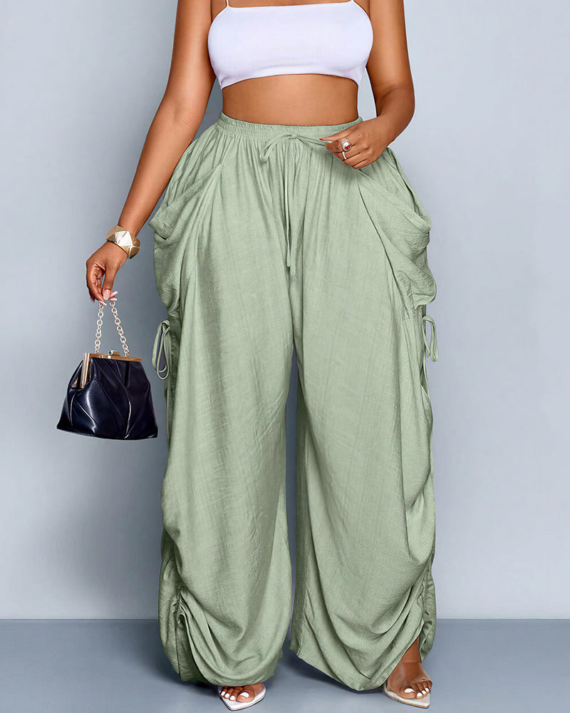 High Waisted Drawstring Wide Leg Linen Blend Casual Pants