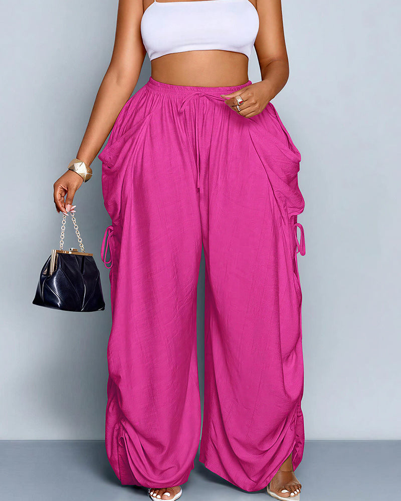 High Waisted Drawstring Wide Leg Linen Blend Casual Pants