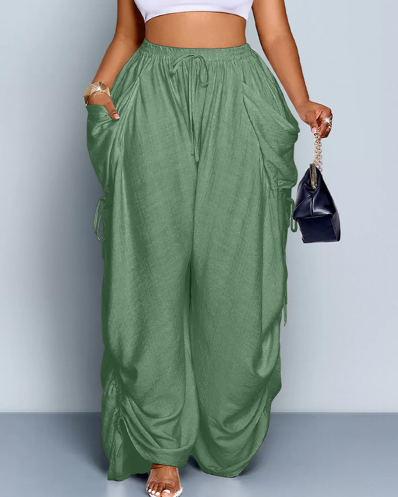 High Waisted Drawstring Wide Leg Linen Blend Casual Pants