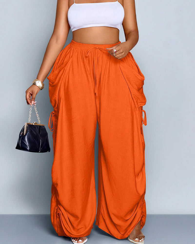 High Waisted Drawstring Wide Leg Linen Blend Casual Pants