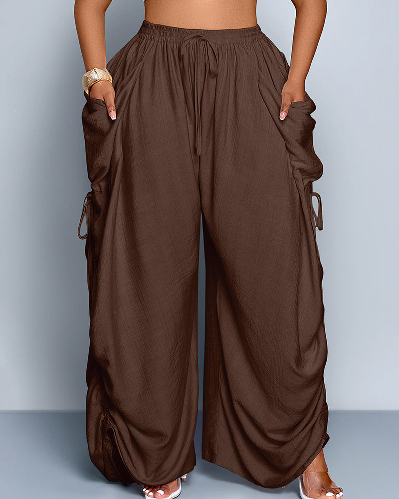 High Waisted Drawstring Wide Leg Linen Blend Casual Pants