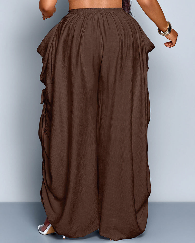 High Waisted Drawstring Wide Leg Linen Blend Casual Pants