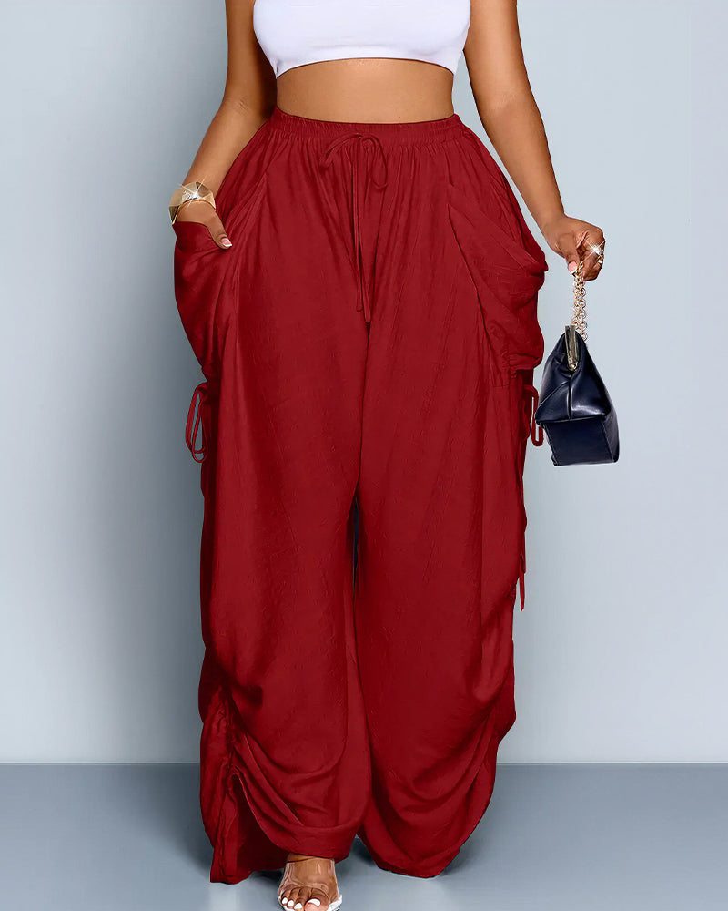 High Waisted Drawstring Wide Leg Linen Blend Casual Pants