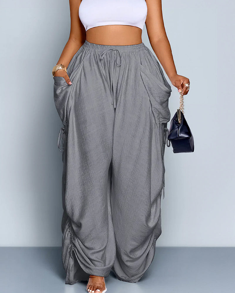 High Waisted Drawstring Wide Leg Linen Blend Casual Pants