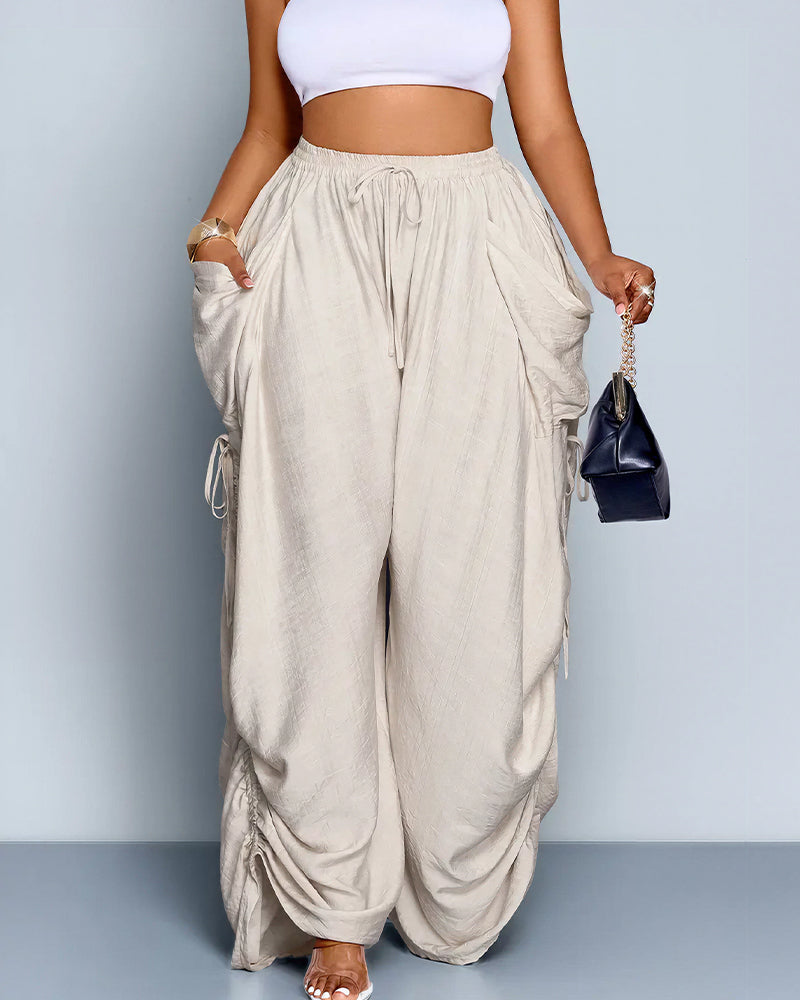 High Waisted Drawstring Wide Leg Linen Blend Casual Pants