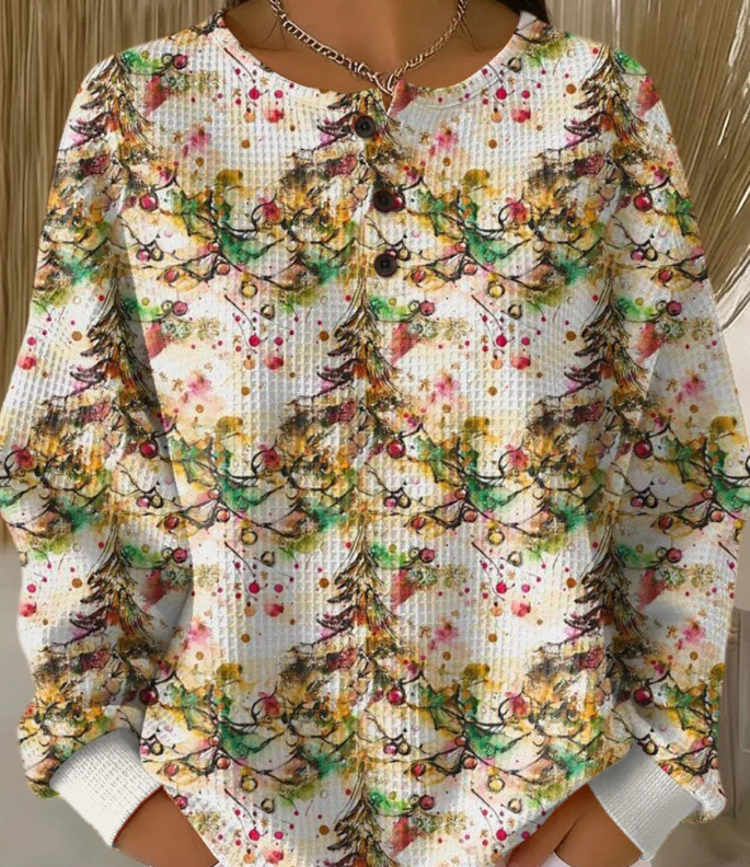2026 Best-Selling Waffle Hoodie – 8,000+ Sold! 🔥Women's Geometric Print Button-Up Casual Waffle Knit Sweatshirt