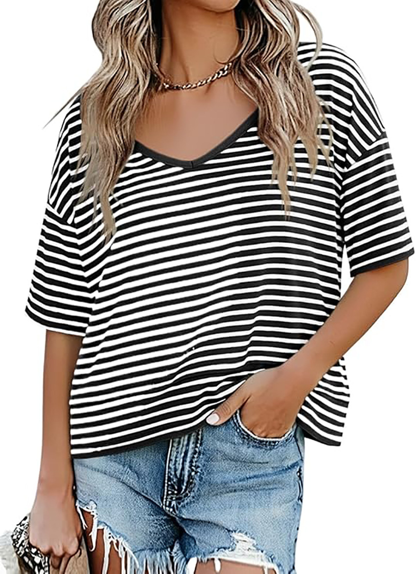 Women's V-Neck Spliced Hem Casual Top