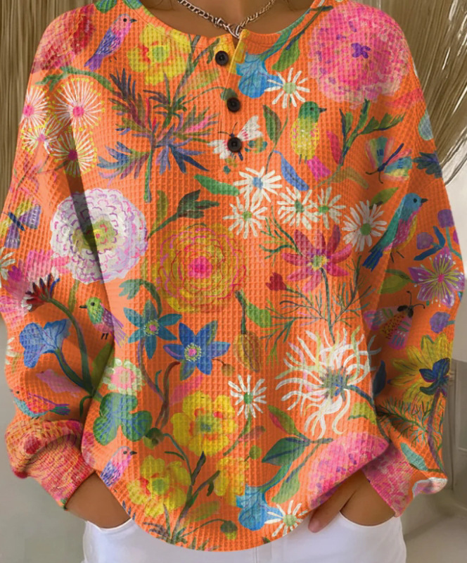 2026 Best-Selling Waffle Hoodie – 8,000+ Sold! 🔥Women's Geometric Print Button-Up Casual Waffle Knit Sweatshirt