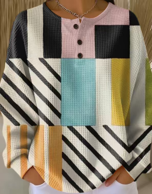 2026 Best-Selling Waffle Hoodie – 8,000+ Sold! 🔥Women's Geometric Print Button-Up Casual Waffle Knit Sweatshirt