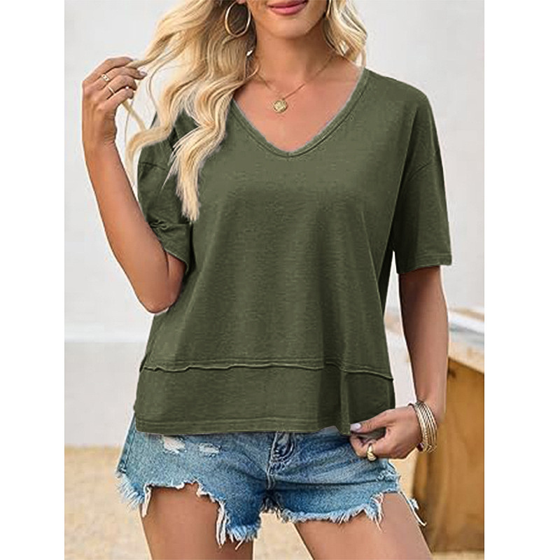 Women's V-Neck Spliced Hem Casual Top