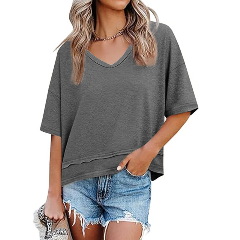 Women's V-Neck Spliced Hem Casual Top