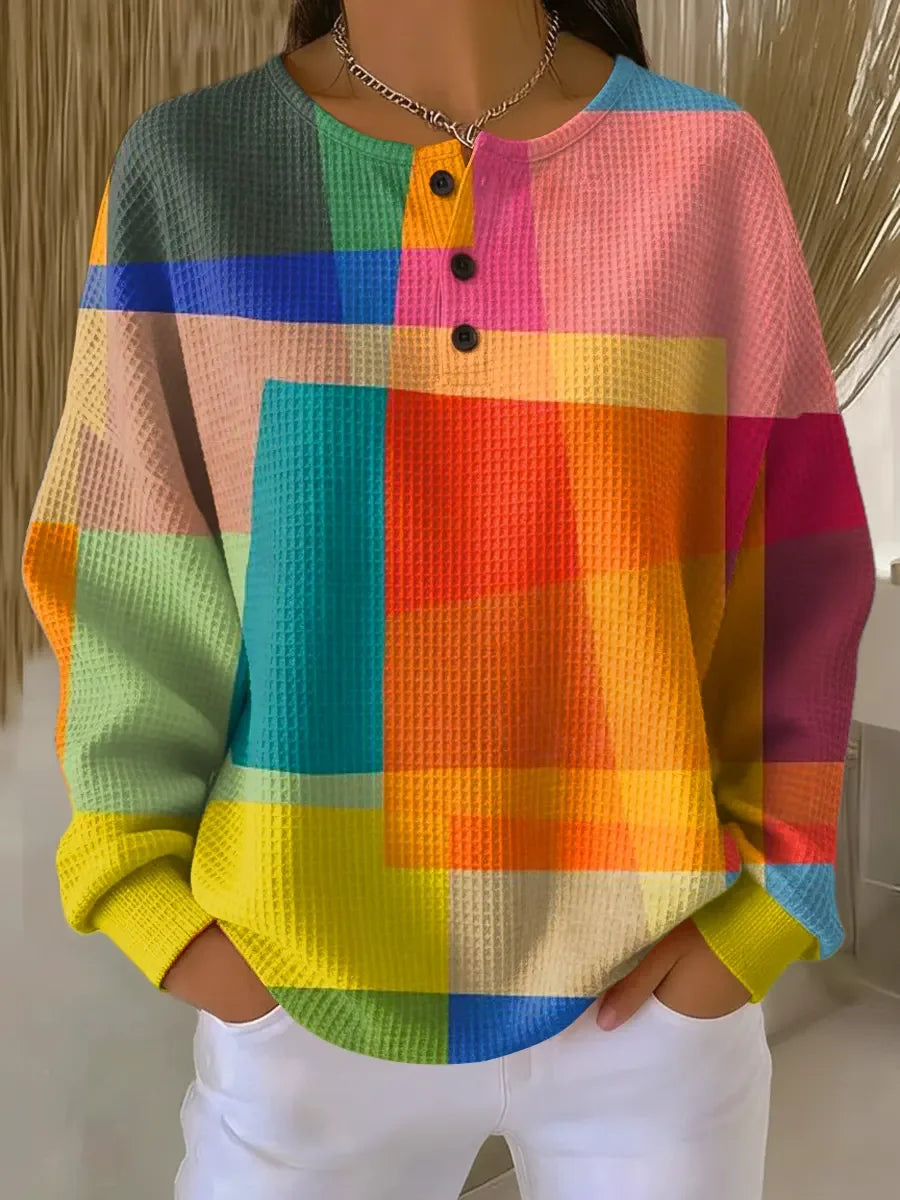 2026 Best-Selling Waffle Hoodie – 8,000+ Sold! 🔥Women's Geometric Print Button-Up Casual Waffle Knit Sweatshirt