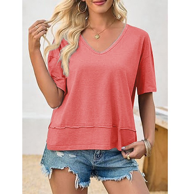 Women's V-Neck Spliced Hem Casual Top
