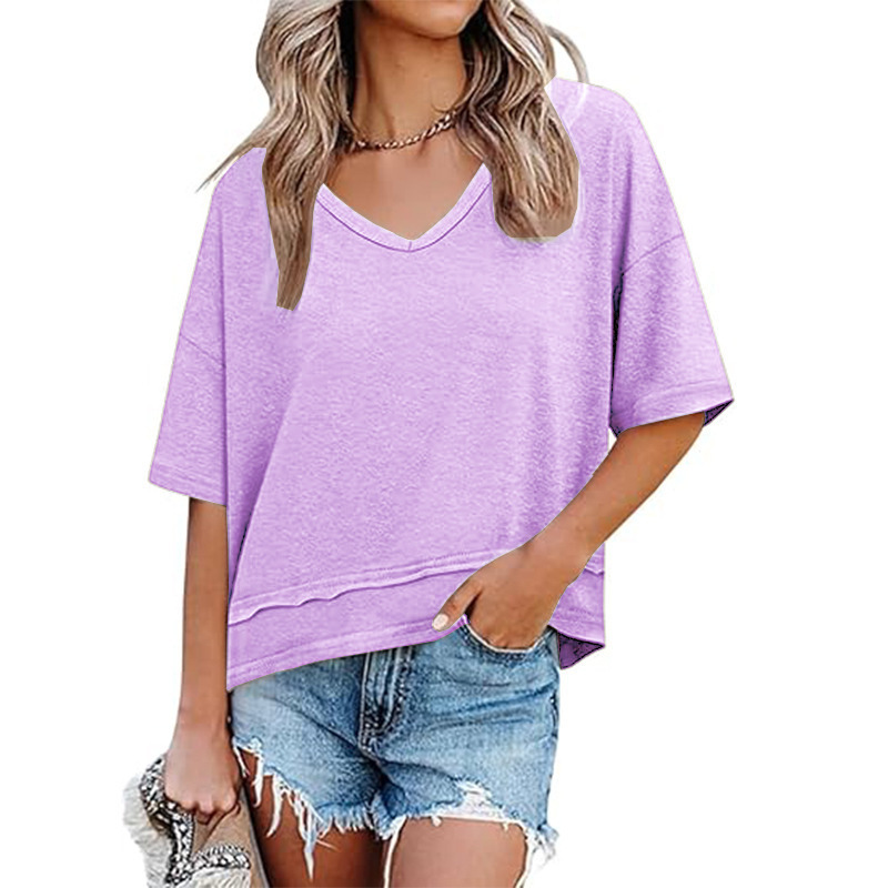 Women's V-Neck Spliced Hem Casual Top