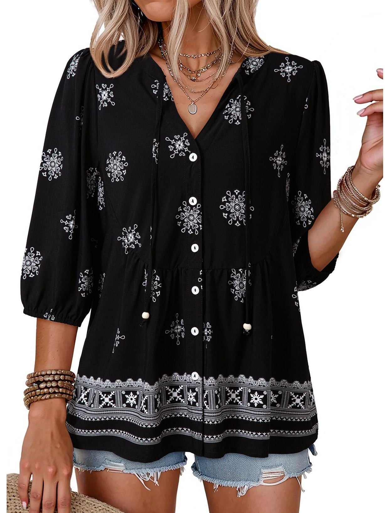Last Day – 50% Off! 2026 🔥 Women's Boho Floral V-Neck Button-Down Peplum Blouse 