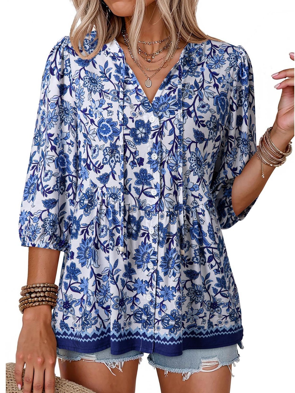 Last Day – 50% Off! 2026 🔥 Women's Boho Floral V-Neck Button-Down Peplum Blouse 