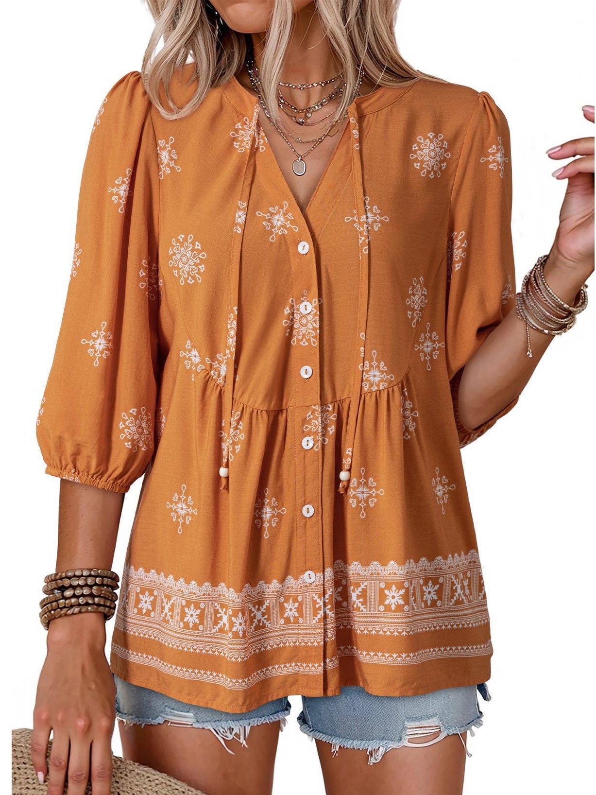 Last Day – 50% Off! 2026 🔥 Women's Boho Floral V-Neck Button-Down Peplum Blouse 