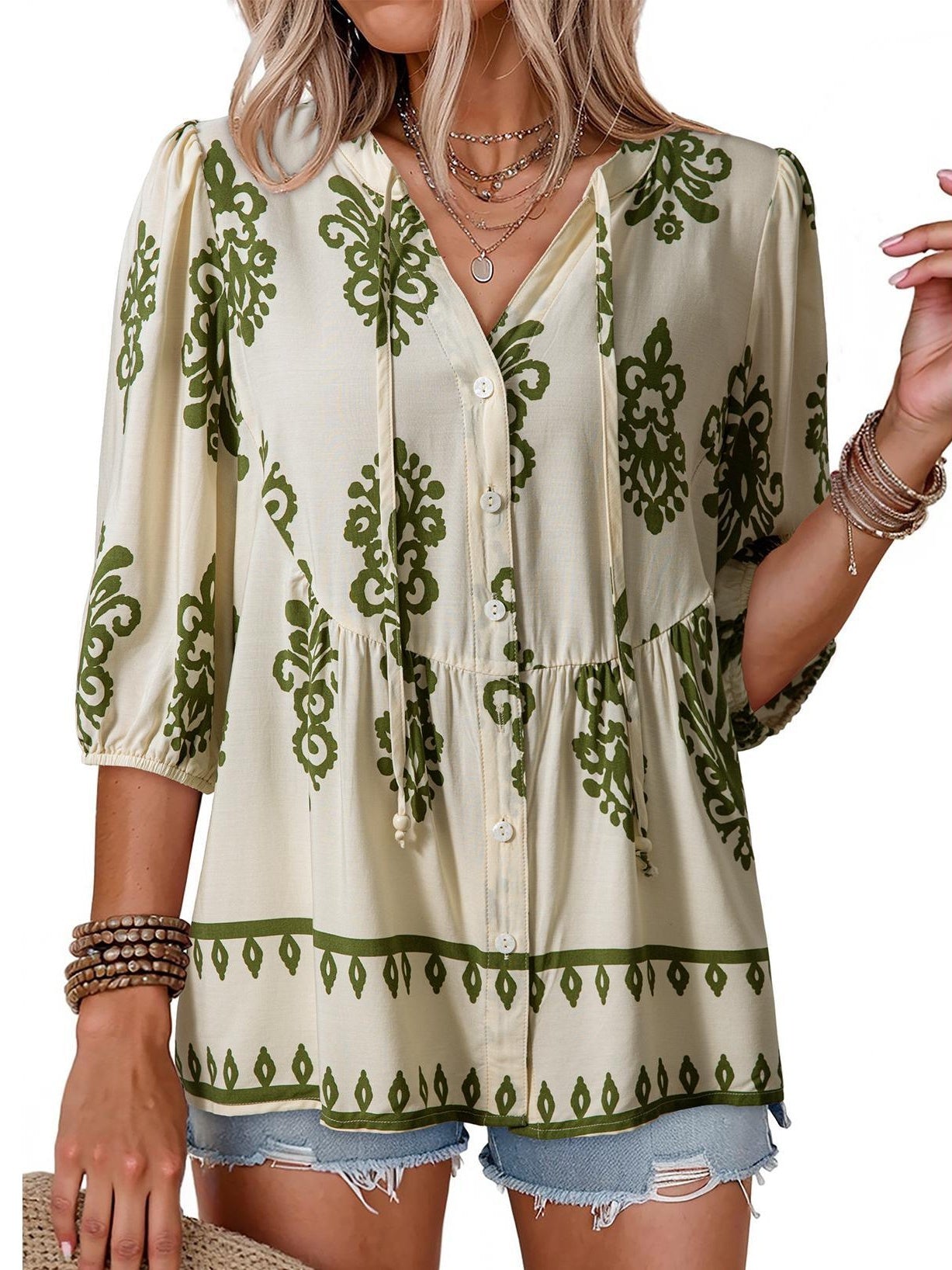 Last Day – 50% Off! 2026 🔥 Women's Boho Floral V-Neck Button-Down Peplum Blouse 