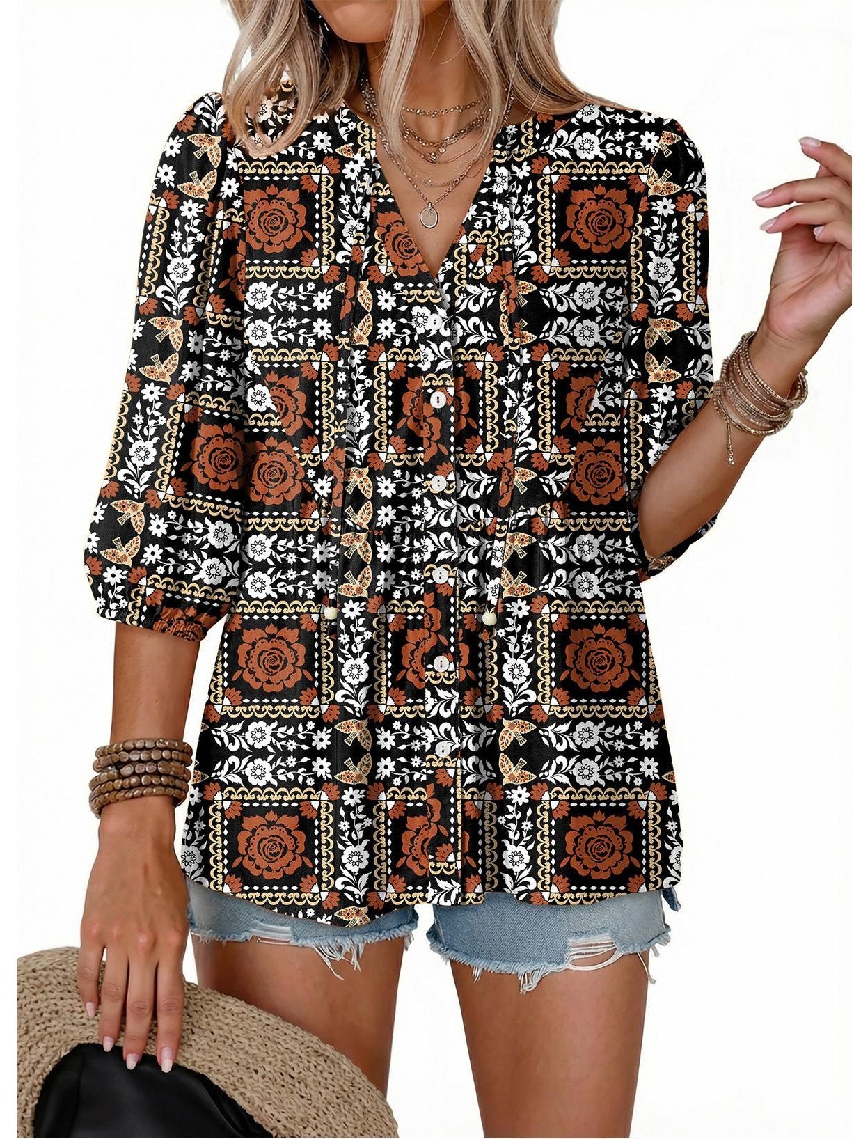Last Day – 50% Off! 2026 🔥 Women's Boho Floral V-Neck Button-Down Peplum Blouse 