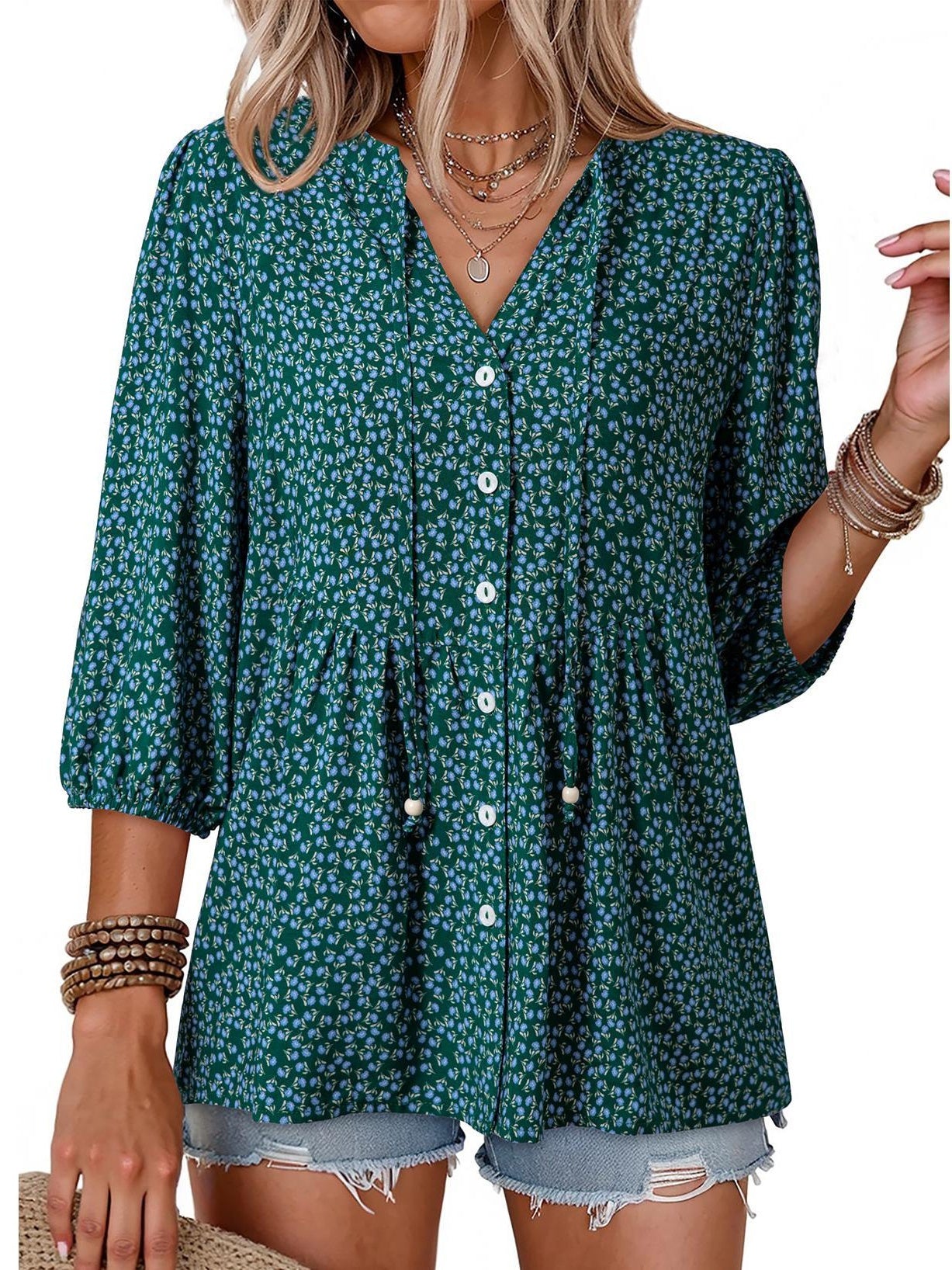 Last Day – 50% Off! 2026 🔥 Women's Boho Floral V-Neck Button-Down Peplum Blouse 