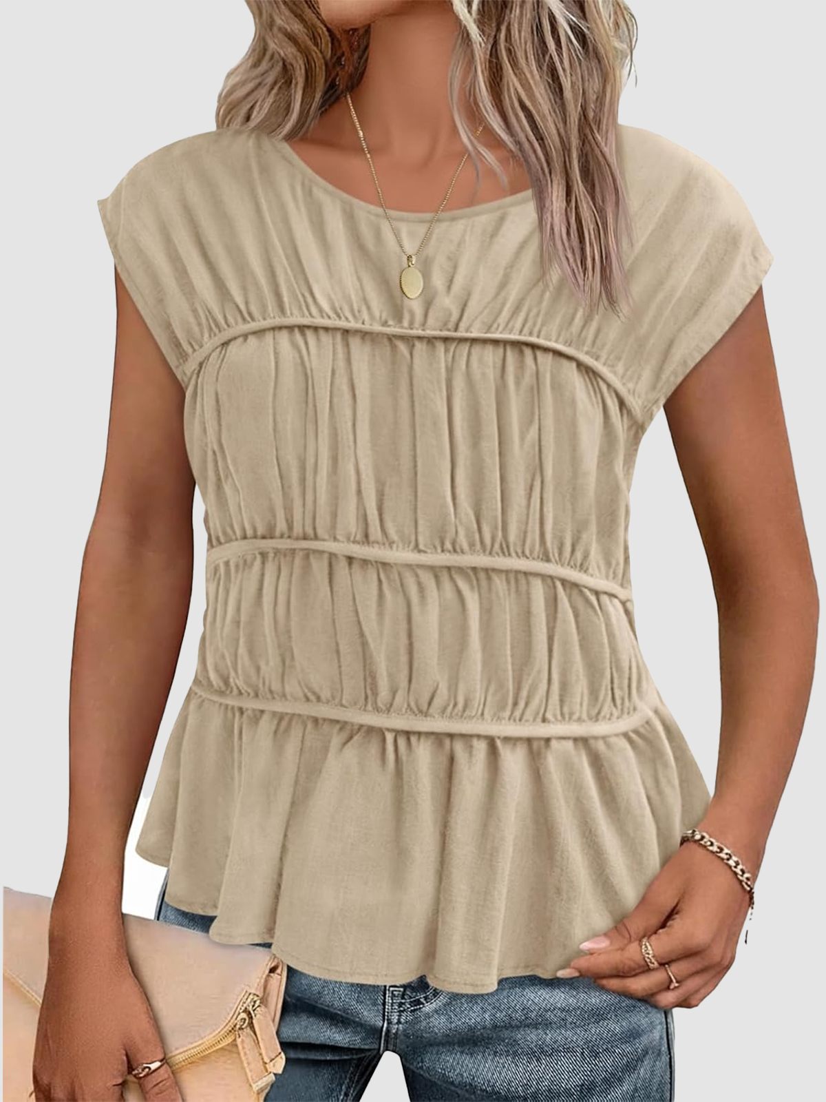 Final Day – Season Sale! 🔥 2026 Women Cap Sleeve Smocked Peplum Babydoll Blouse Crew Neck Pleated Casual Top