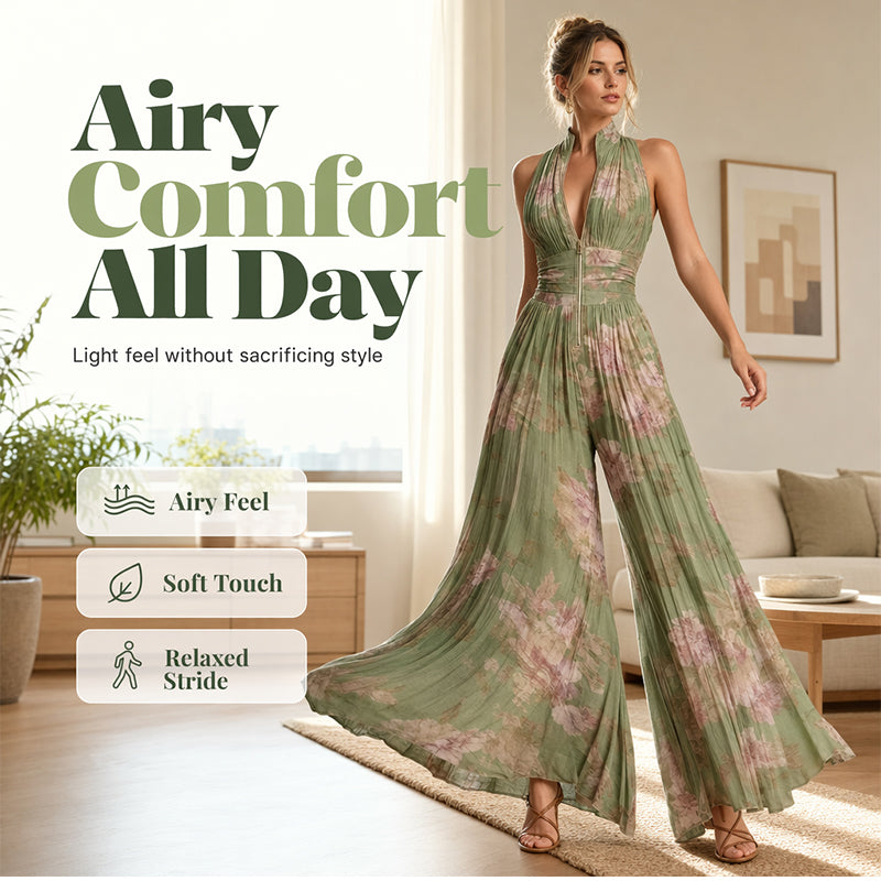 Wide leg pleated jumpsuit silhouette