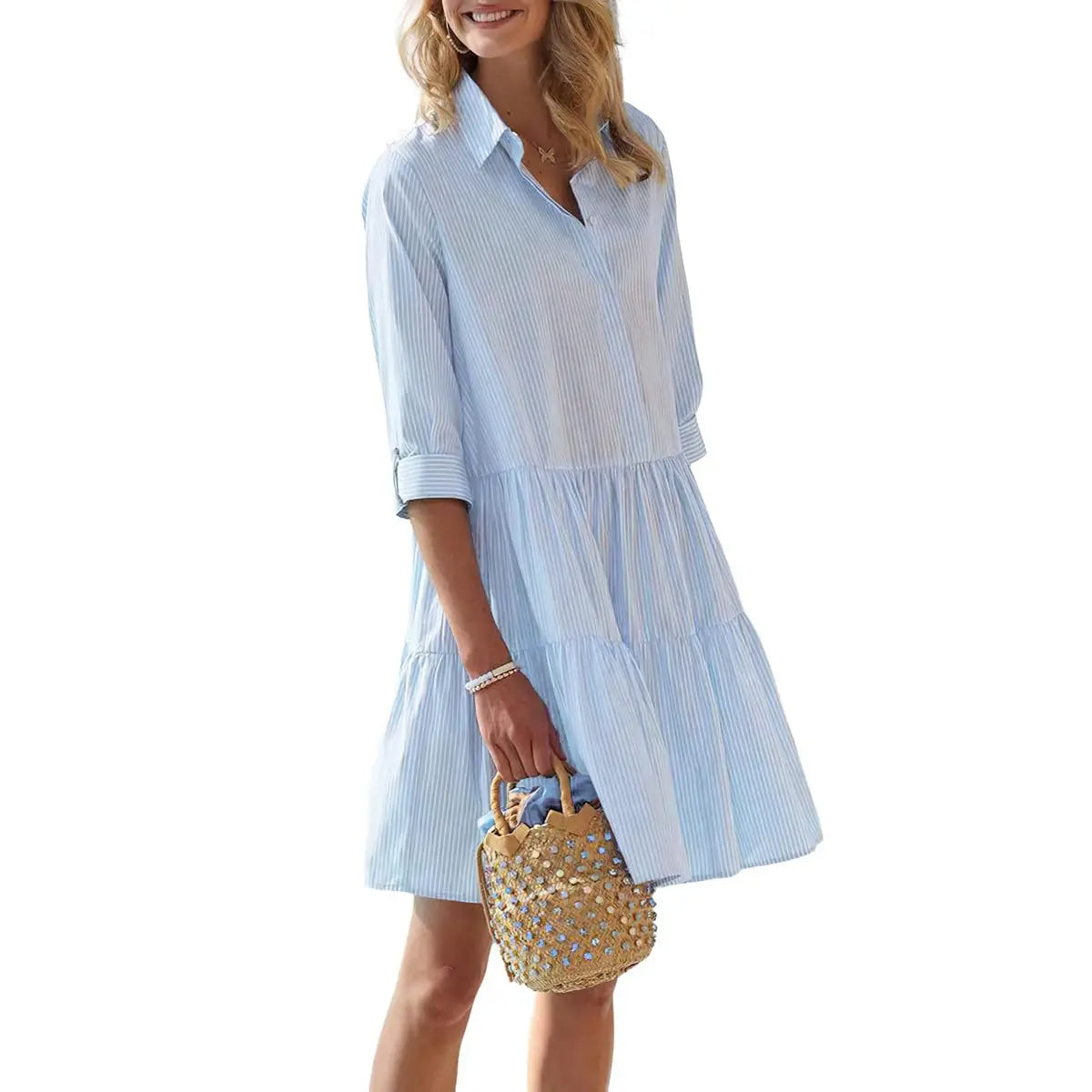 🔥Women's Striped Button Down Shirt Dress Cuffed Sleeve Tiered Dress Limited time sale 10th Anniversary Sale!