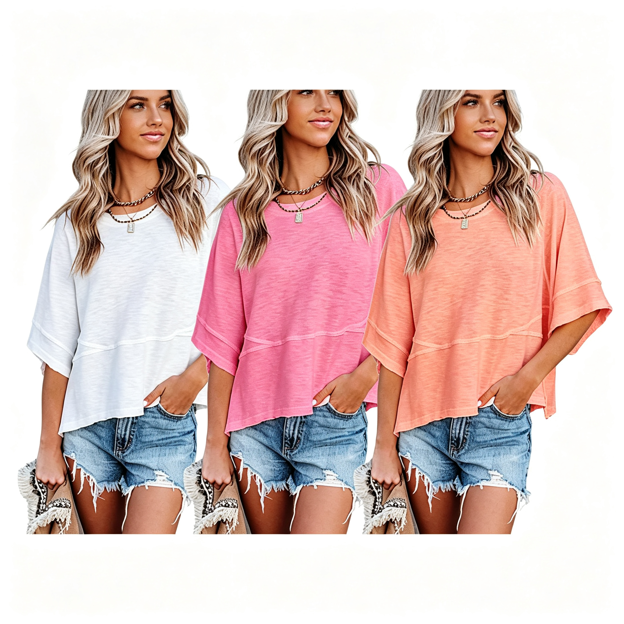 Last day to save ！Women's Summer Casual Crewneck Batwing Half Sleeve T-Shirts Solid Color Loose Fit Cute Basic Flowy Tops Tees Blouses