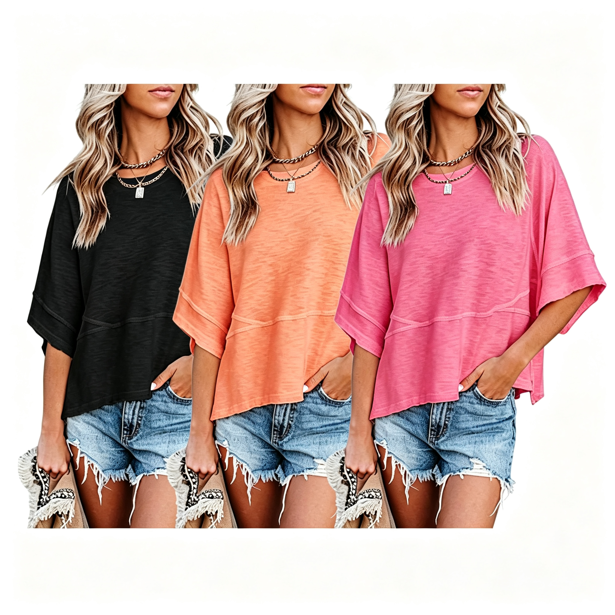 Last day to save ！Women's Summer Casual Crewneck Batwing Half Sleeve T-Shirts Solid Color Loose Fit Cute Basic Flowy Tops Tees Blouses