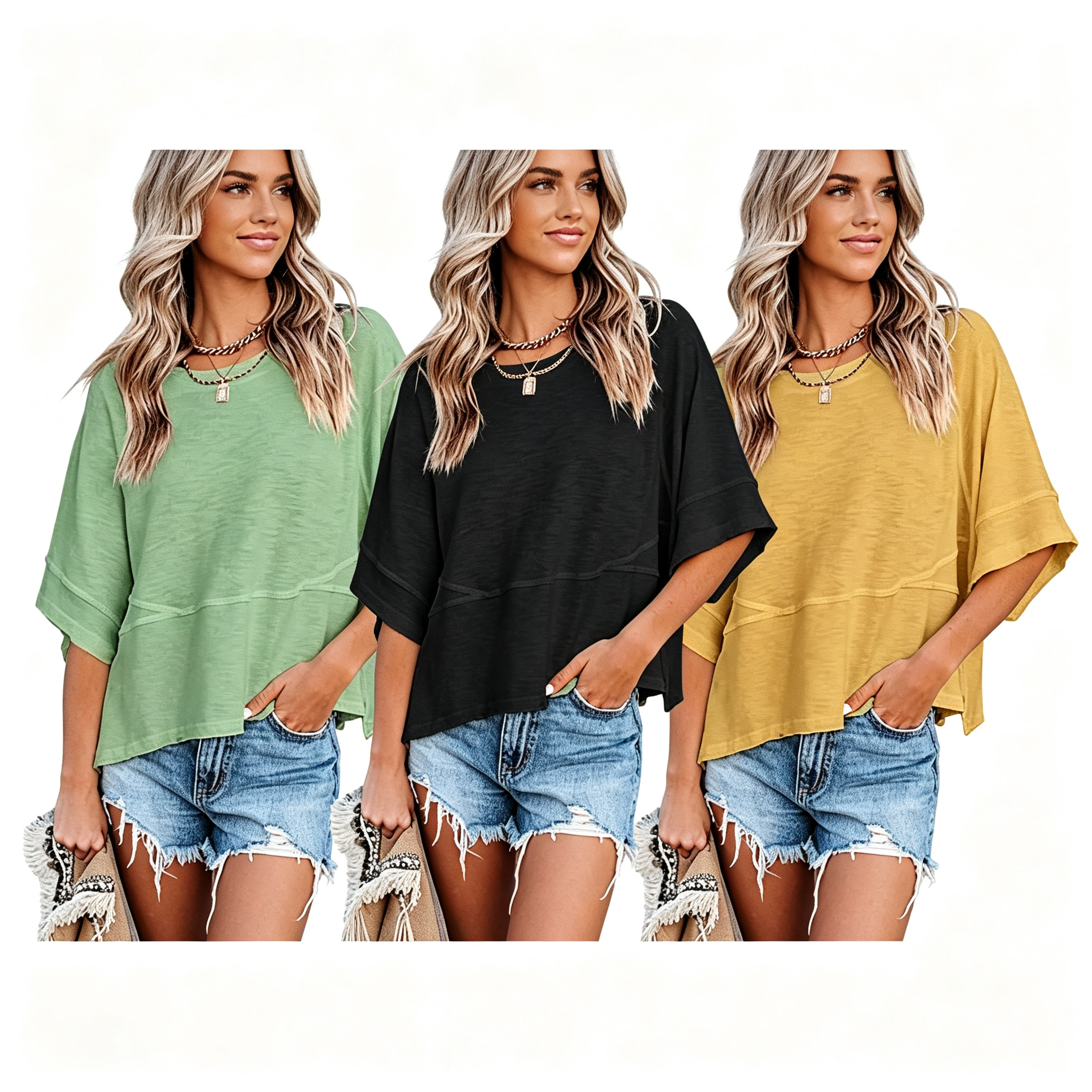 Last day to save ！Women's Summer Casual Crewneck Batwing Half Sleeve T-Shirts Solid Color Loose Fit Cute Basic Flowy Tops Tees Blouses