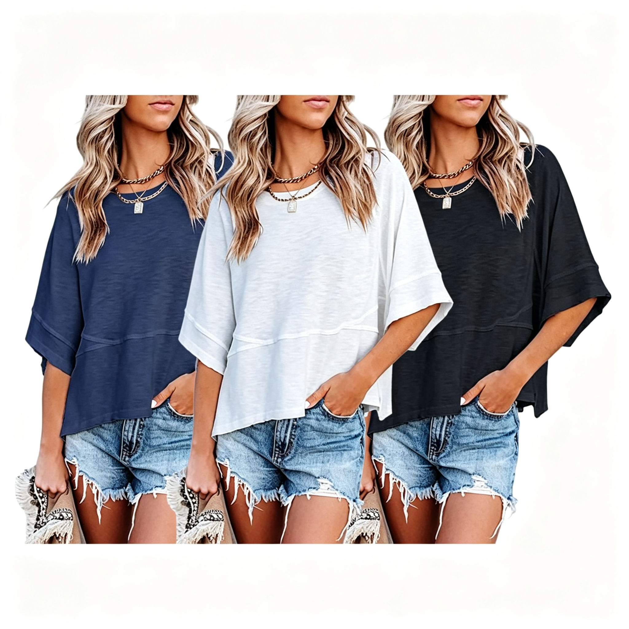 Last day to save ！Women's Summer Casual Crewneck Batwing Half Sleeve T-Shirts Solid Color Loose Fit Cute Basic Flowy Tops Tees Blouses