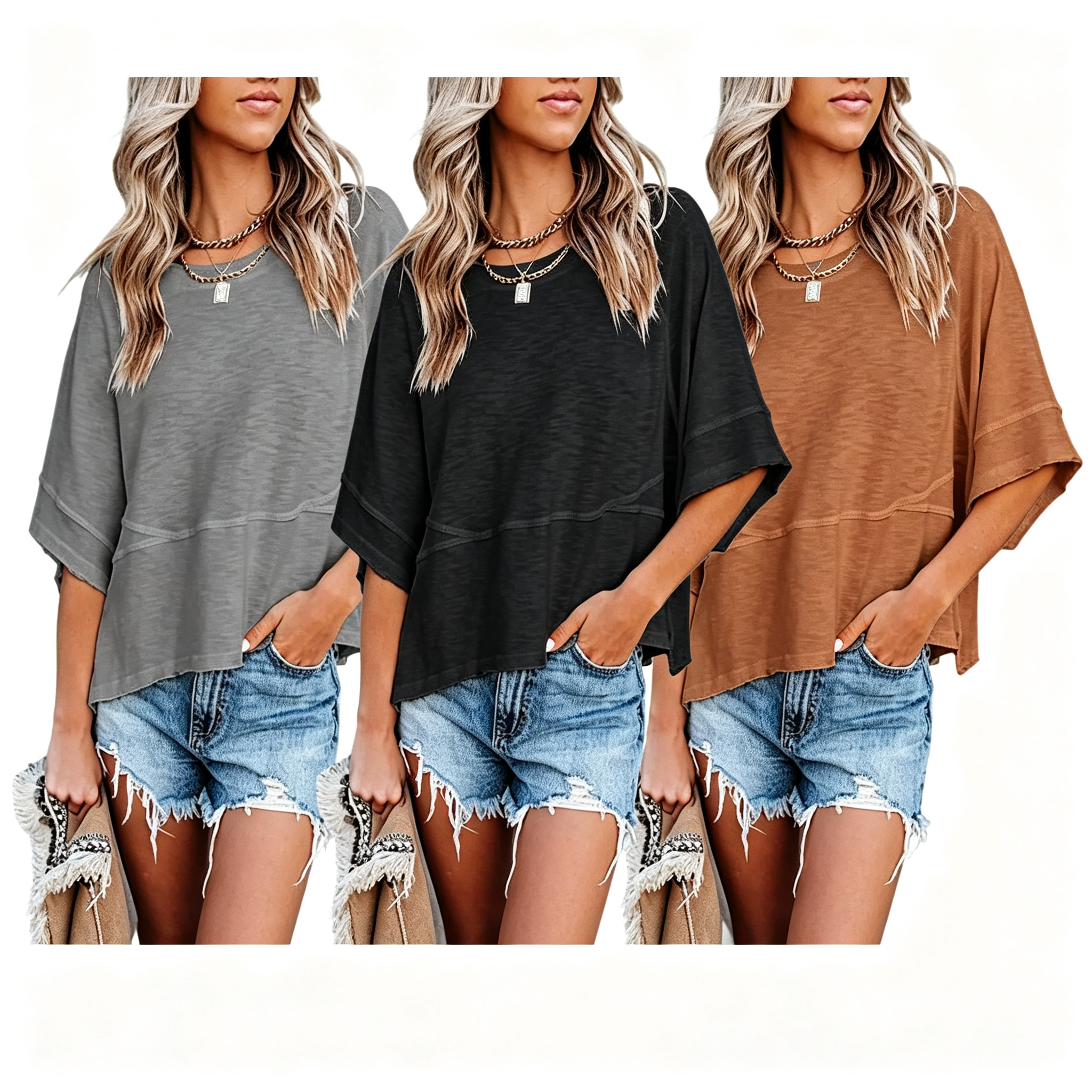 Last day to save ！Women's Summer Casual Crewneck Batwing Half Sleeve T-Shirts Solid Color Loose Fit Cute Basic Flowy Tops Tees Blouses