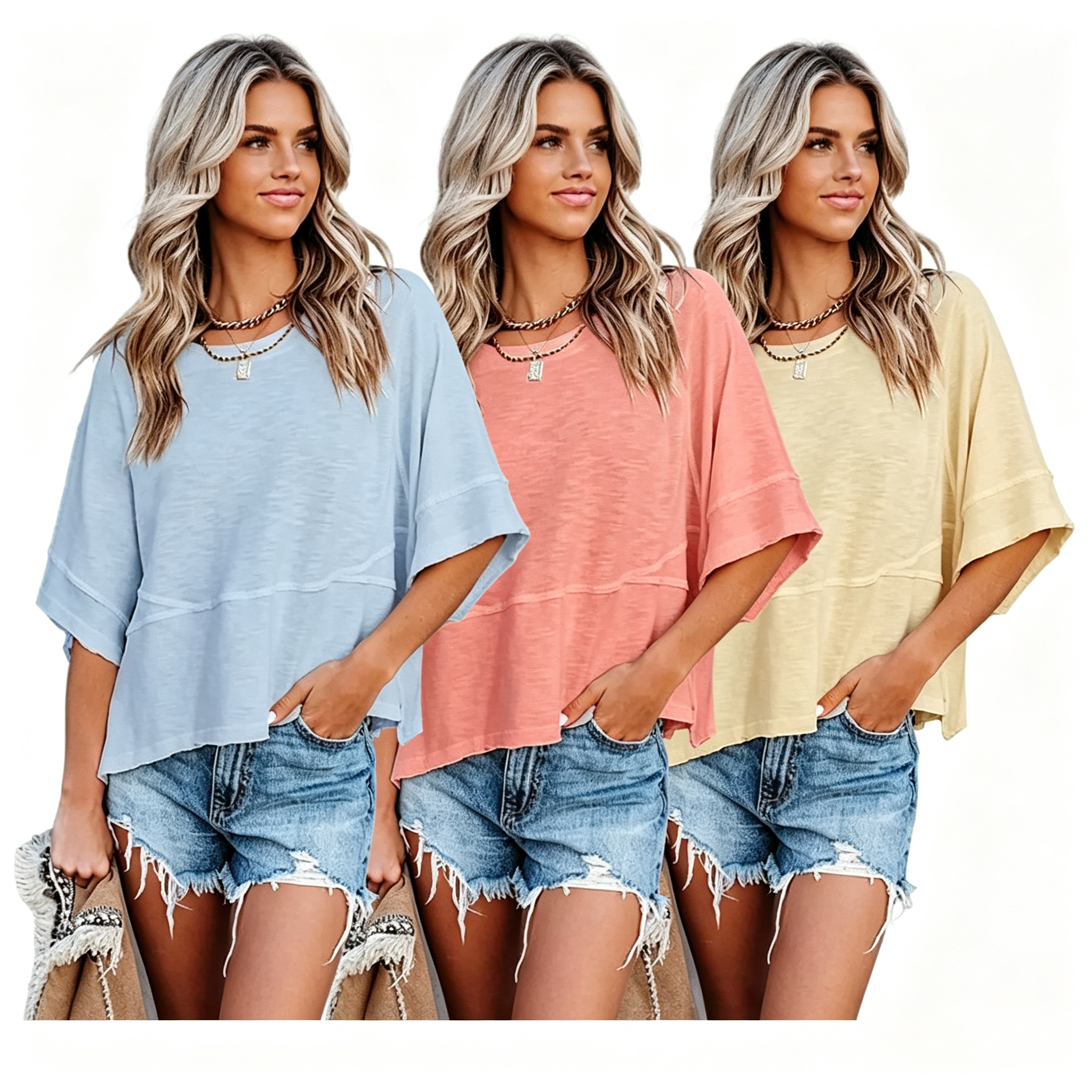 Last day to save ！Women's Summer Casual Crewneck Batwing Half Sleeve T-Shirts Solid Color Loose Fit Cute Basic Flowy Tops Tees Blouses