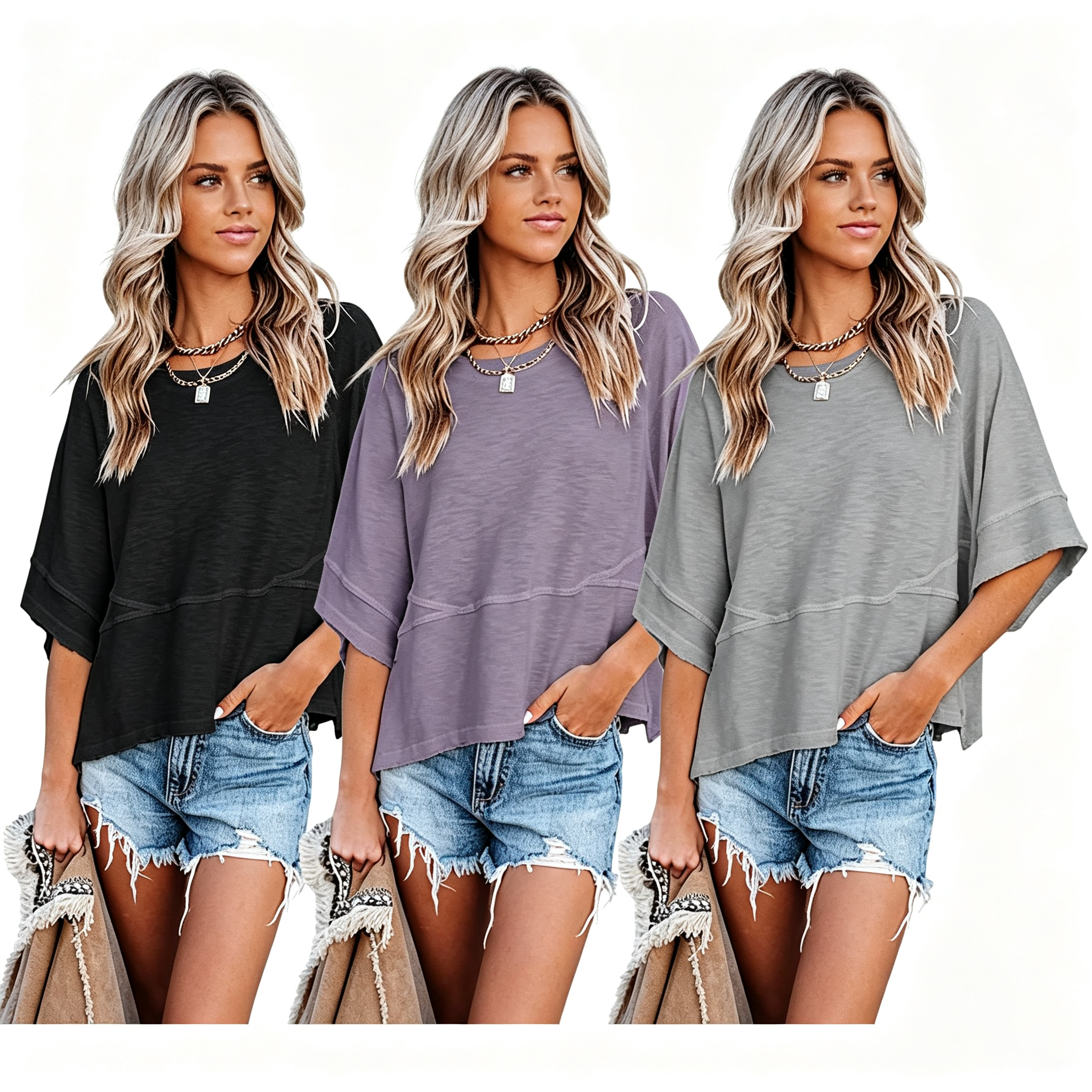 Last day to save ！Women's Summer Casual Crewneck Batwing Half Sleeve T-Shirts Solid Color Loose Fit Cute Basic Flowy Tops Tees Blouses