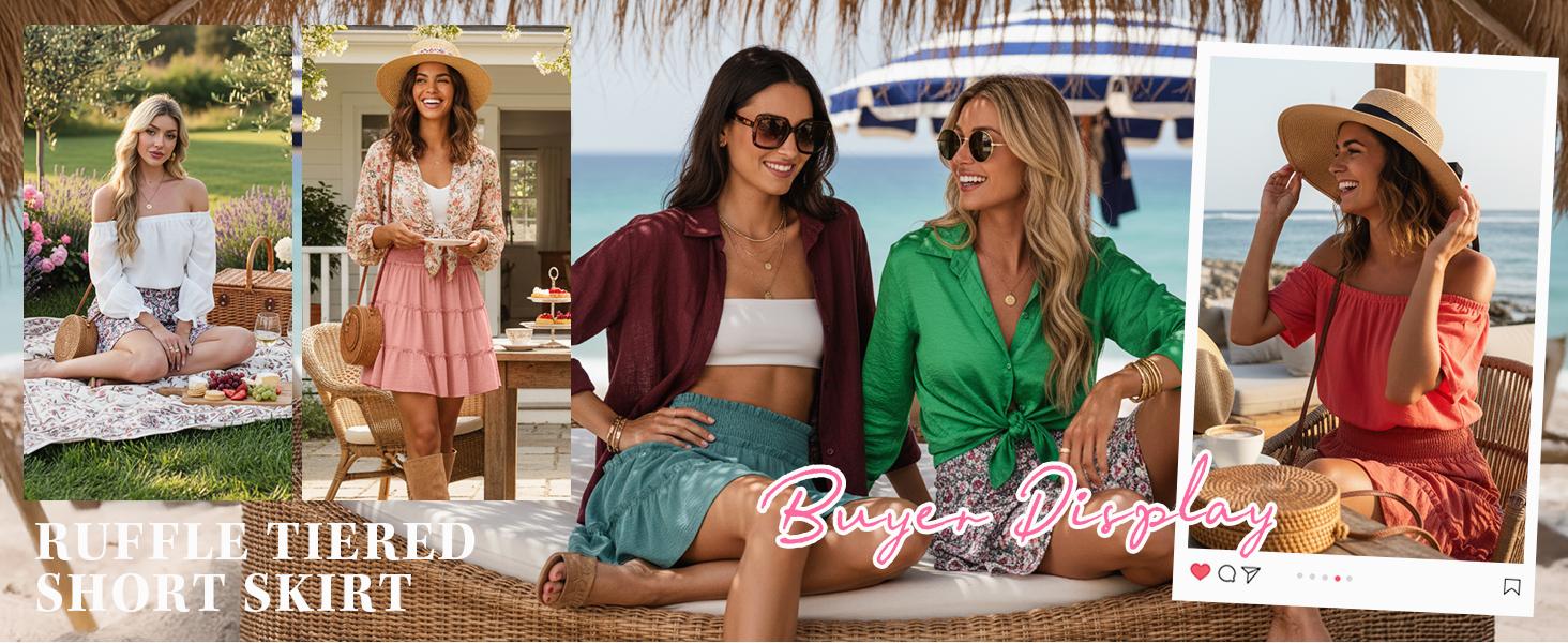 Lepunuo Women's Boho Floral Skorts, Flowy Tiered Ruffle Elastic-Waist Bottoms with Built-in Shorts and Pockets, Casual Style