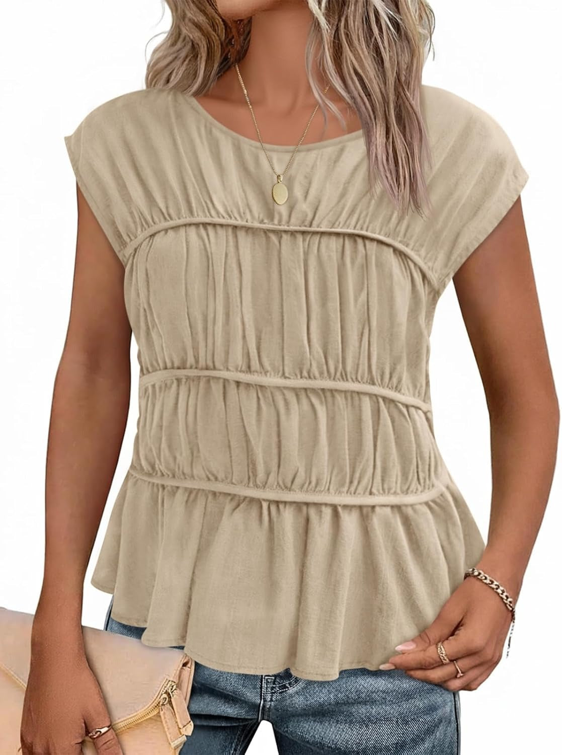 Final Day – Season Sale! 🔥 2026 Women Cap Sleeve Smocked Peplum Babydoll Blouse Crew Neck Pleated Casual Top