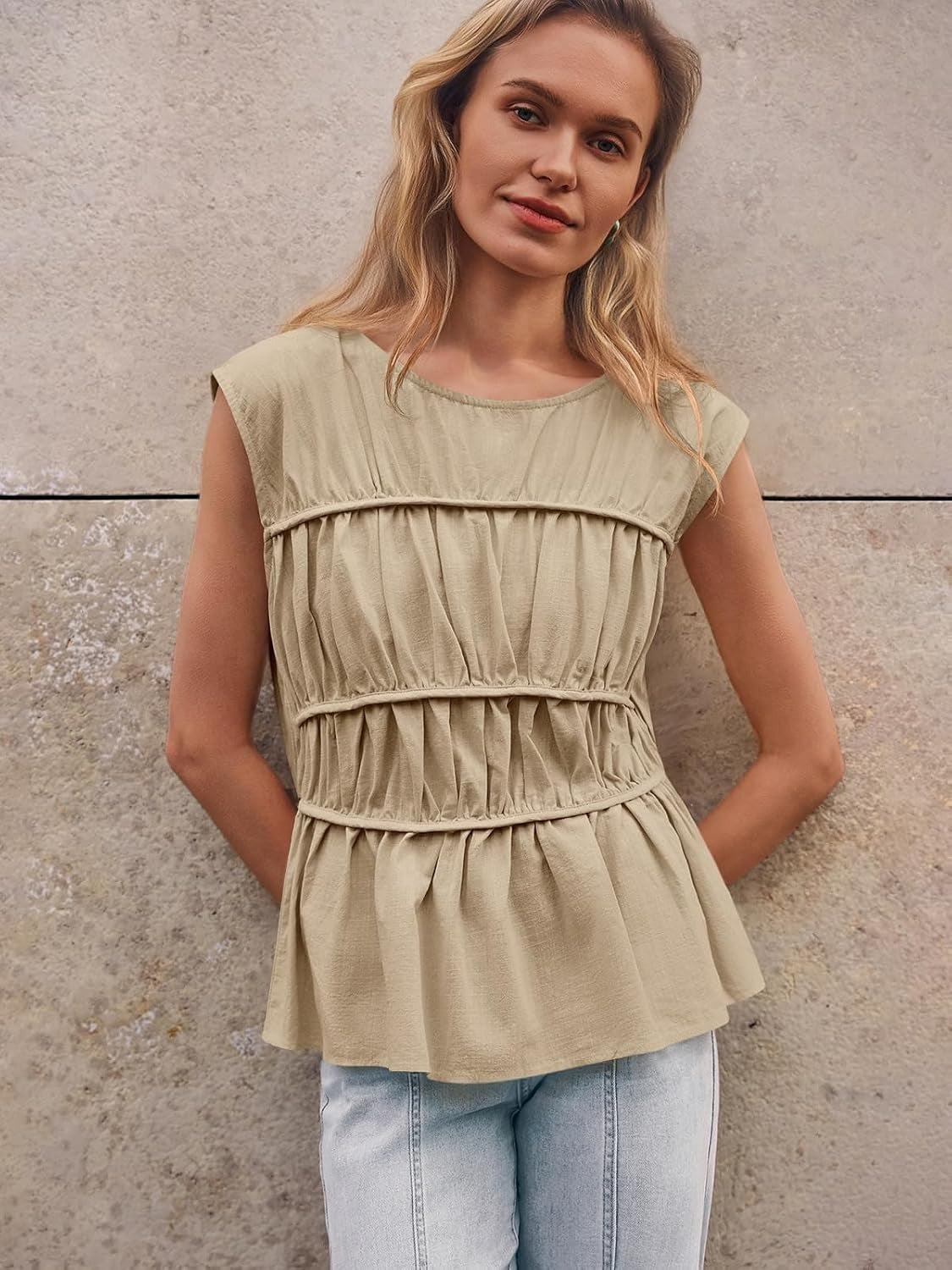 Final Day – Season Sale! 🔥 2026 Women Cap Sleeve Smocked Peplum Babydoll Blouse Crew Neck Pleated Casual Top